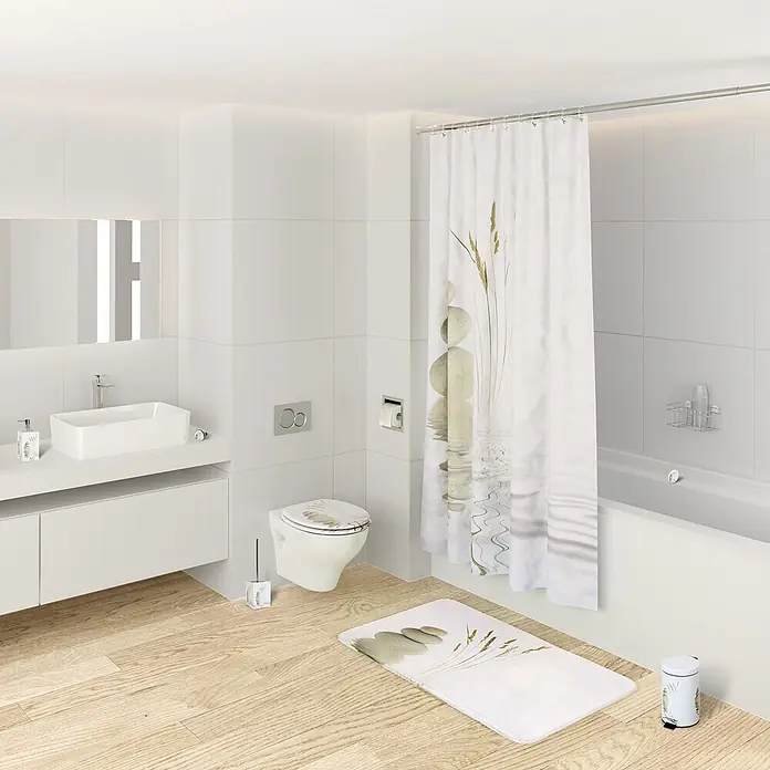 SANILO Kosmetikeimer Balance - 3 l, Metall, Beige|Weiß - Badezimmer-Set mit einem ruhigen Design aus gestapelten Steinen und Schilf, inklusive Duschvorhang, Badematte und Toilettendeckel.