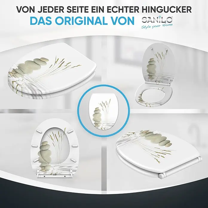 SANILO WC-Sitz Balance mit Schnellverschluss - MDF, Weiß, Mit Absenkautomatik - Weißer Toilettensitz mit Zen-Design: gestapelte Steine und Schilf, die sich im Wasser spiegeln, aus verschiedenen Blickwinkeln.