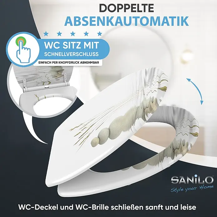 SANILO WC-Sitz Balance mit Schnellverschluss - MDF, Weiß, Mit Absenkautomatik - Weißer WC-Sitz mit Kieselstein- und Wassermotiv, mit doppelter Absenkautomatik und Schnellverschluss für leichte, leise Abnahme und Reinigung.