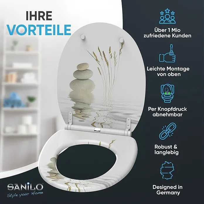 SANILO WC-Sitz Balance mit Schnellverschluss - MDF, Weiß, Mit Absenkautomatik - Toilettensitz mit Naturmotiv (Steine, Wasser, Schilf), der seine Vorteile hervorhebt: 1M+ zufriedene Kunden, einfache Montage, abnehmbar, robust, Designed in Germany.