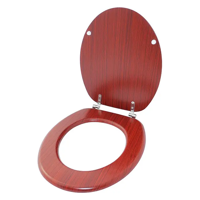 SANILO WC-Sitz Mahagoni - MDF, Braun, Ohne Absenkautomatik - Rotbrauner Toilettensitz in Holzoptik mit geöffnetem Deckel.