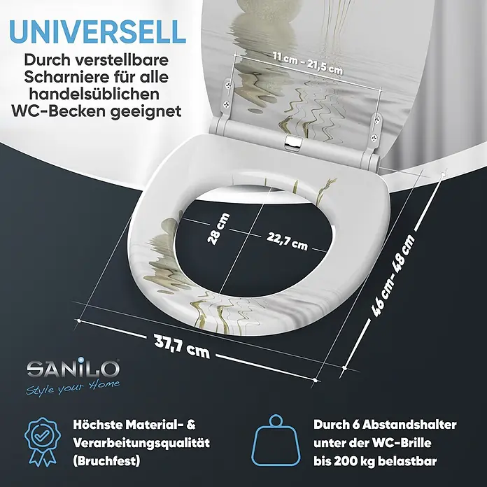 SANILO WC-Sitz Balance mit Schnellverschluss - MDF, Weiß, Mit Absenkautomatik - Weißer WC-Sitz mit Naturmotiv, verstellbare Scharniere für universelle Passform, bruchfest, 200kg belastbar.