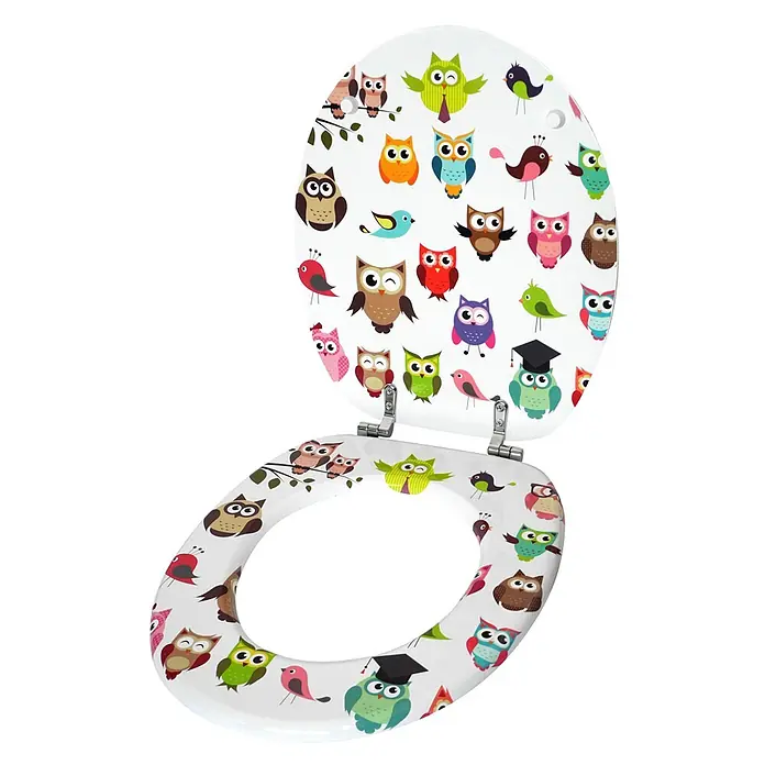 SANILO WC-Sitz Owl - MDF, Multicolor, Ohne Absenkautomatik - Weißer WC-Sitz mit buntem Eulen- und Vogelmuster.