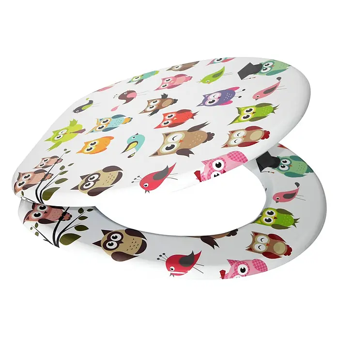 SANILO WC-Sitz Owl - MDF, Multicolor, Ohne Absenkautomatik - Weißer Toilettensitz mit verspieltem, buntem Eulen- und Vogelmuster.