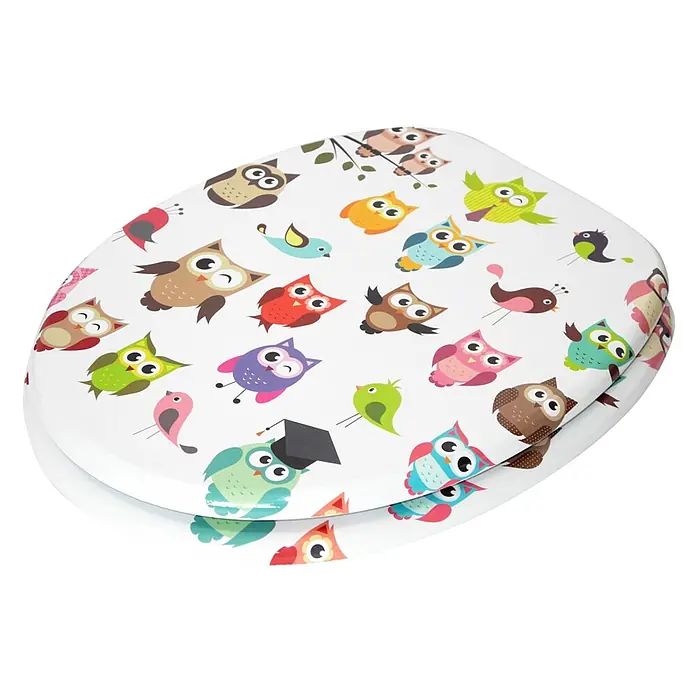 SANILO WC-Sitz Owl - MDF, Multicolor, Ohne Absenkautomatik - Weißer Toilettensitz mit farbenfrohem Muster aus Cartoon-Eulen und kleinen Vögeln.