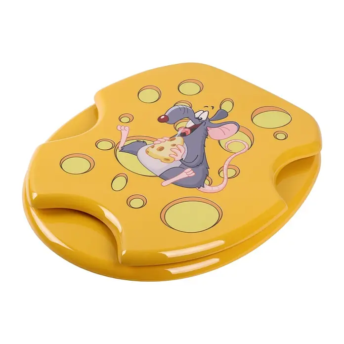 SANILO WC-Sitz Cheesy mit Absenkautomatik - MDF, Gelb, Mit Absenkautomatik - Gelber, käseförmiger Toilettensitz mit einer Cartoon-Ratte, die fröhlich Käse hält.