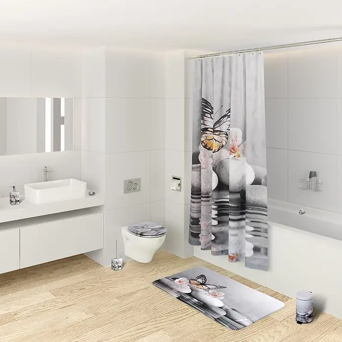 SANILO Kosmetikeimer Vanesa - 3 l, Metall, Grau|Weiß|Orange|Gelb|Dunkelgrau - Koordiniertes Badaccessoire-Set mit Schmetterlings-, Blumen- und Kieselsteindesign: Duschvorhang, Toilettensitz und Badematte.