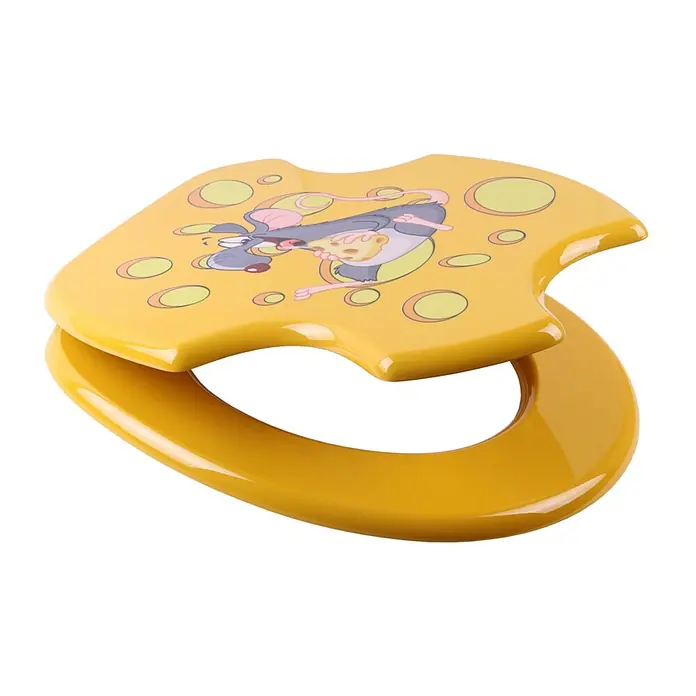 SANILO WC-Sitz Cheesy mit Absenkautomatik - MDF, Gelb, Mit Absenkautomatik - Gelber, käseförmiger Toilettentrainer mit Cartoon-Maus-Design für Kinder.
