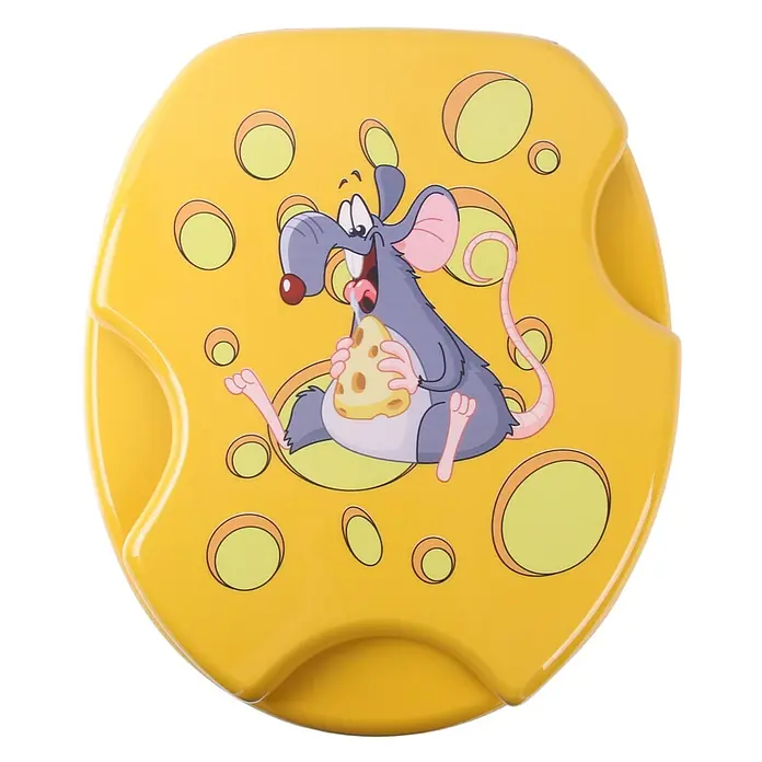 SANILO WC-Sitz Cheesy mit Absenkautomatik - MDF, Gelb, Mit Absenkautomatik - Gelber käseförmiger Teller mit einer Cartoon-Maus, die fröhlich ein Stück Käse isst.