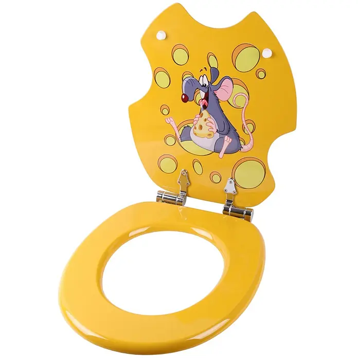 SANILO WC-Sitz Cheesy mit Absenkautomatik - MDF, Gelb, Mit Absenkautomatik - Gelber Toilettensitz und -deckel mit käseförmigem Deckel, der eine Cartoon-Ratte beim Käseessen zeigt.