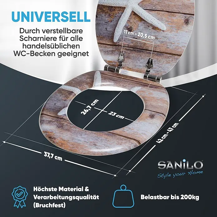SANILO WC-Sitz Bahia mit Absenkautomatik - MDF, Braun, Mit Absenkautomatik - Toilettensitz in Holzoptik mit Seesternmuster und Chromscharnieren, geöffnet mit Maßen für universellen Sitz und 200 kg Belastbarkeit.