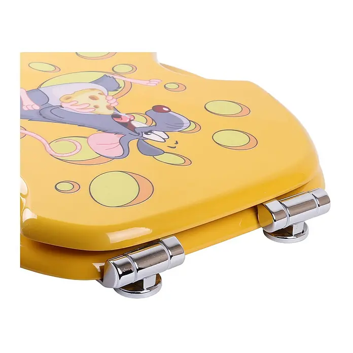 SANILO WC-Sitz Cheesy mit Absenkautomatik - MDF, Gelb, Mit Absenkautomatik - Glänzender gelber WC-Sitzdeckel mit Cartoon-Ratte, die Käse hält, und Käseloch-Muster.