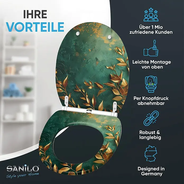 SANILO WC-Sitz Greego mit Schnellverschluss - MDF, Grün, Mit Absenkautomatik - Dunkelgrüner Toilettensitz mit elegantem Goldblattmuster.