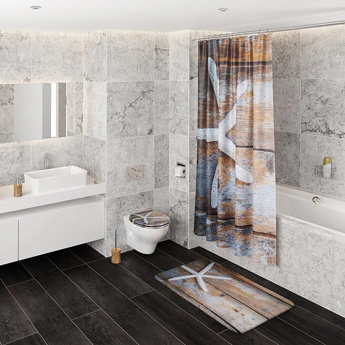 SANILO WC-Sitz Bahia mit Absenkautomatik - MDF, Braun, Mit Absenkautomatik - Passender Duschvorhang, Toilettensitz und Badematte mit rustikalem Holz- & Seestern-Design im Bad.