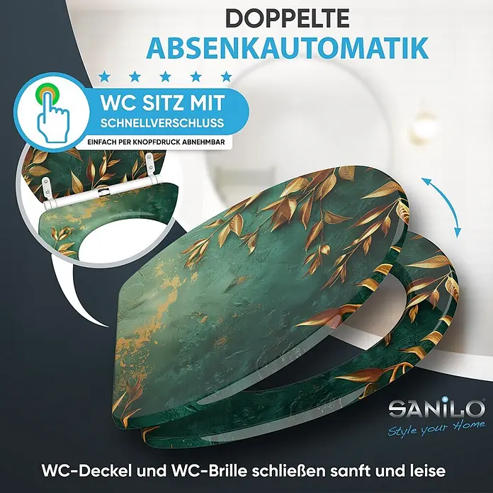 SANILO WC-Sitz Greego mit Schnellverschluss - MDF, Grün, Mit Absenkautomatik - Soft-Close WC-Sitz mit Schnellverschluss, in dunkelgrünem Design mit goldenen Blättern.