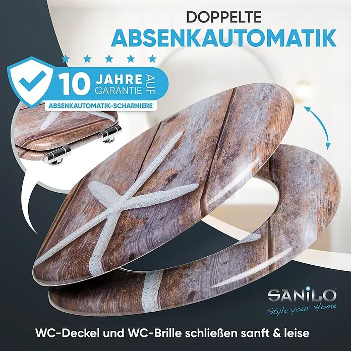 SANILO WC-Sitz Bahia mit Absenkautomatik - MDF, Braun, Mit Absenkautomatik - WC-Sitz in Holzoptik mit weißem Seestern-Design und doppelter Absenkautomatik. 10 Jahre Garantie auf die Scharniere.