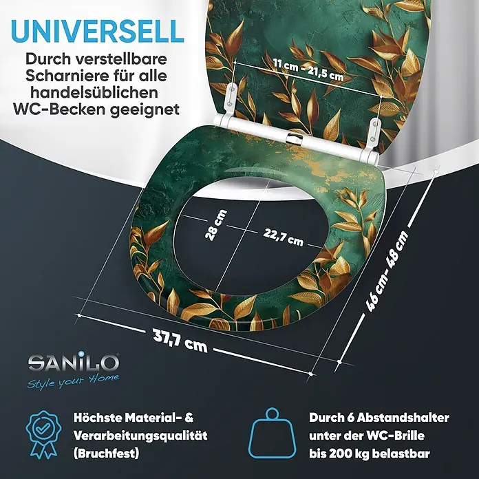 SANILO WC-Sitz Greego mit Schnellverschluss - MDF, Grün, Mit Absenkautomatik - Dunkelgrüner WC-Sitz mit goldenem Blättermuster, universell passend und bis 200 kg belastbar.