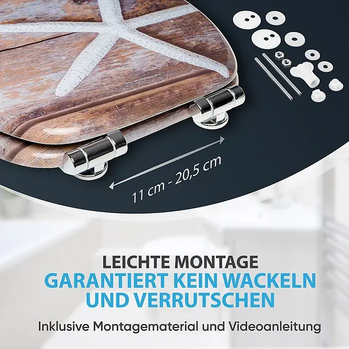 SANILO WC-Sitz Bahia mit Absenkautomatik - MDF, Braun, Mit Absenkautomatik - Toilettensitz mit rustikalem Holz- und Seestern-Design, Chromscharnieren und verstellbarer Montage (11-20,5 cm). Montageteile sind enthalten.