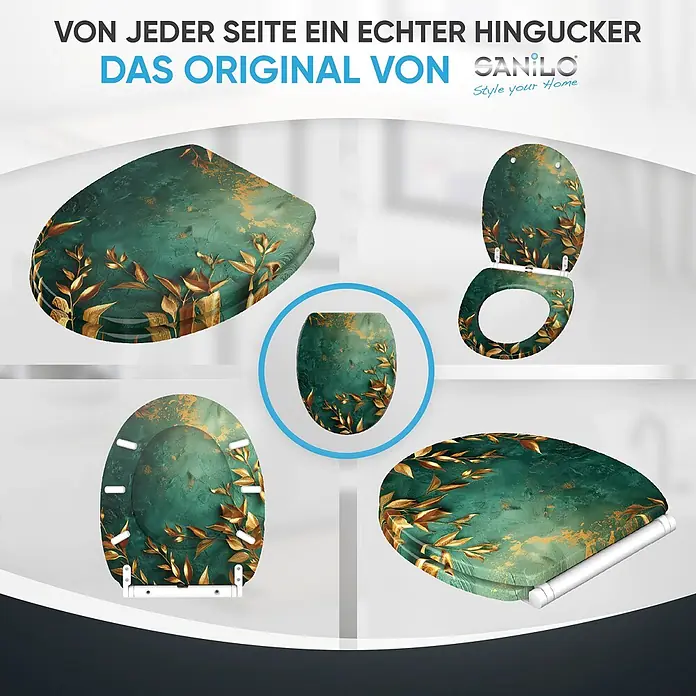 SANILO WC-Sitz Greego mit Schnellverschluss - MDF, Grün, Mit Absenkautomatik - Dekorativer Toilettensitz in Grün mit goldenem Blattmuster, aus verschiedenen Blickwinkeln (geschlossen, offen, Unterseite) gezeigt.