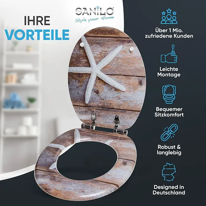 SANILO WC-Sitz Bahia mit Absenkautomatik - MDF, Braun, Mit Absenkautomatik - Toilettensitz in Holzoptik mit weißem Seesternmuster.