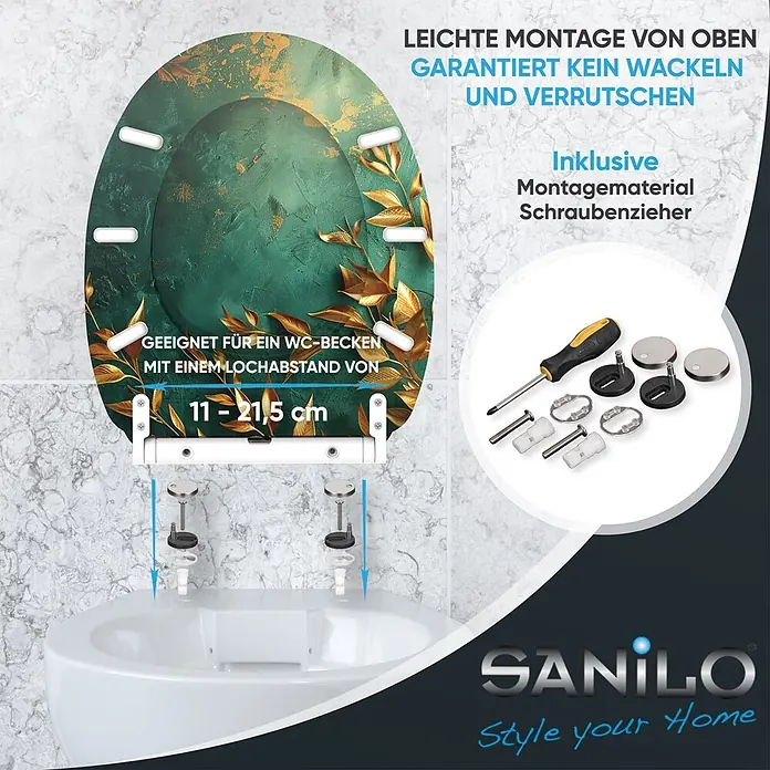 SANILO WC-Sitz Greego mit Schnellverschluss - MDF, Grün, Mit Absenkautomatik - Künstlerischer grün-goldener Toilettensitz mit Top-Montage, passend für 11-21,5 cm Lochabstand, gezeigt mit Befestigungsmaterial und Schraubenzieher.