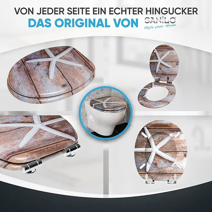 SANILO WC-Sitz Bahia mit Absenkautomatik - MDF, Braun, Mit Absenkautomatik - Toilettensitz mit verwitterter Holzplanken- und weißer Seestern-Musterung.