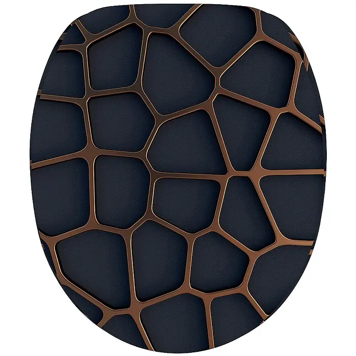 SANILO WC-Sitz Mesh mit Absenkautomatik - MDF, Schwarz, Mit Absenkautomatik - Toilettensitz mit dunkelblauer strukturierter Oberfläche und kupfernem geometrischem Gittermuster.