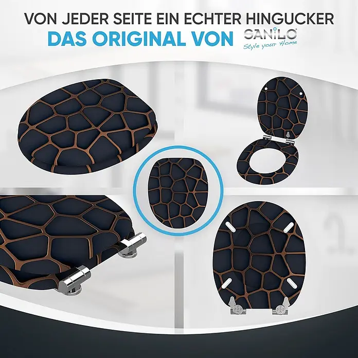 SANILO WC-Sitz Mesh mit Absenkautomatik - MDF, Schwarz, Mit Absenkautomatik - Schwarzer WC-Sitz mit bronzefarbenem geometrischem Muster, von mehreren Seitenansichten, geschlossen, offen und Unterseite.