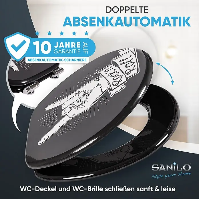 SANILO WC-Sitz Rock 'n' Roll mit Absenkautomatik - MDF, Schwarz, Mit Absenkautomatik - Schwarzer WC-Sitz mit weißem Rock-’n’-Roll-Handmotiv und doppelter Absenkautomatik für sanftes Schließen.