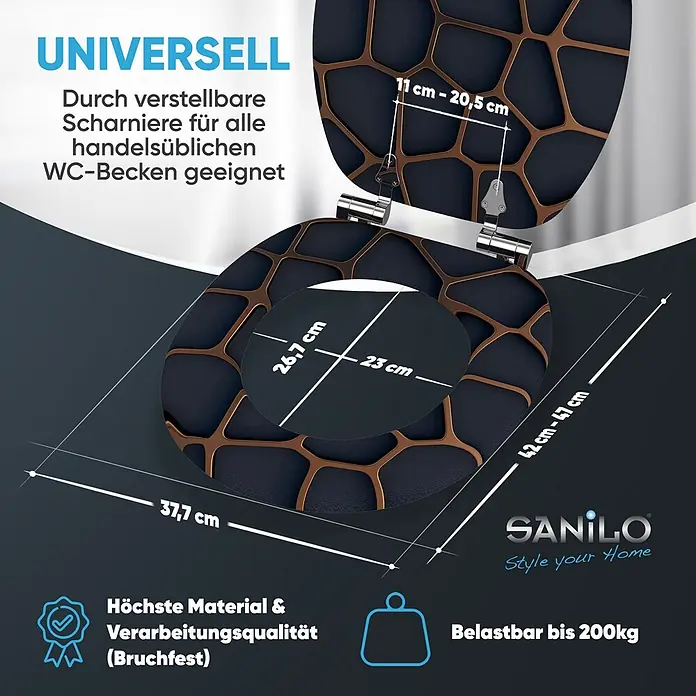 SANILO WC-Sitz Mesh mit Absenkautomatik - MDF, Schwarz, Mit Absenkautomatik - Dunkler Toilettensitz mit kupferfarbenem geometrischem Muster, verstellbare Scharniere, Maße und 200kg Traglast, bruchfest.