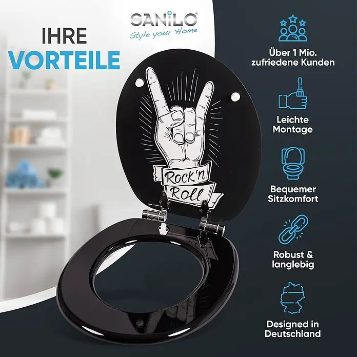 SANILO WC-Sitz Rock 'n' Roll mit Absenkautomatik - MDF, Schwarz, Mit Absenkautomatik - Schwarzer Toilettensitz mit hochglänzender Oberfläche und "Rock'n Roll"-Motiv auf dem Deckel.