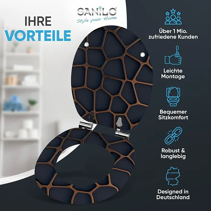 SANILO WC-Sitz Mesh mit Absenkautomatik - MDF, Schwarz, Mit Absenkautomatik - Geöffneter dunkler Toilettensitz mit stilvollem bronzefarbenem geometrischem Muster auf Deckel und Sitz.