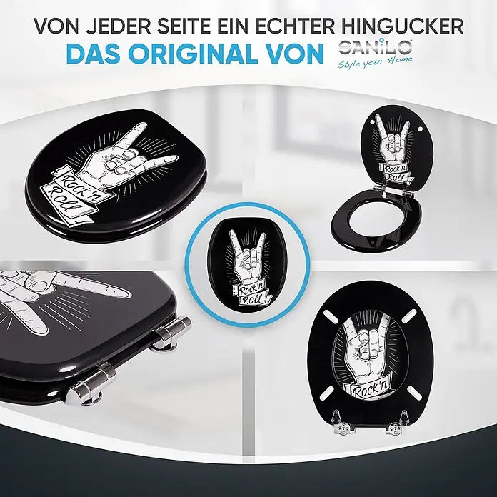 SANILO WC-Sitz Rock 'n' Roll mit Absenkautomatik - MDF, Schwarz, Mit Absenkautomatik - Schwarzer Toilettensitz mit weißem "Rock'n Roll" Handgeste und Text Design.