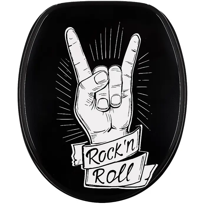 SANILO WC-Sitz Rock 'n' Roll mit Absenkautomatik - MDF, Schwarz, Mit Absenkautomatik - Schwarzer WC-Sitz mit weißer 'Pommesgabel'-Geste und 'Rock'n Roll'-Schriftzug.
