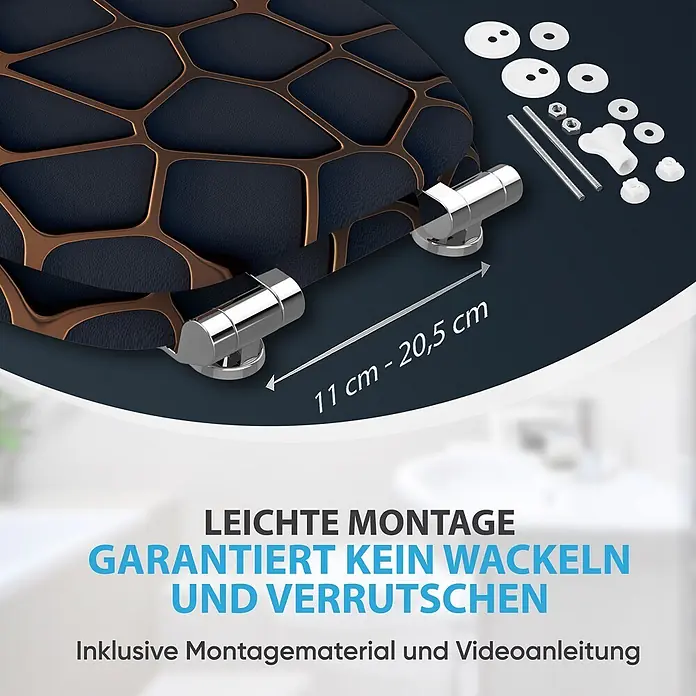 SANILO WC-Sitz Mesh mit Absenkautomatik - MDF, Schwarz, Mit Absenkautomatik - Dunkelblauer WC-Sitz mit bronzefarbenem geometrischem Muster, Chromscharnieren (11-20,5 cm verstellbar) und Zubehörteilen für einfache Montage.