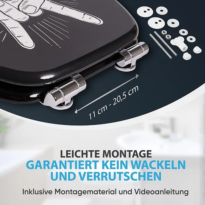 SANILO WC-Sitz Rock 'n' Roll mit Absenkautomatik - MDF, Schwarz, Mit Absenkautomatik - Schwarzer Toilettensitz mit Peace-Zeichen-Grafik, Chromscharnieren und Montagematerial. 11-20,5 cm verstellbar.