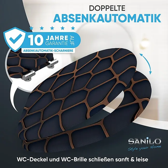 SANILO WC-Sitz Mesh mit Absenkautomatik - MDF, Schwarz, Mit Absenkautomatik - Dunkler WC-Sitz mit bronzefarbenem Wabenmuster und doppelter Absenkautomatik für sanftes, leises Schließen, inkl. Scharniere.