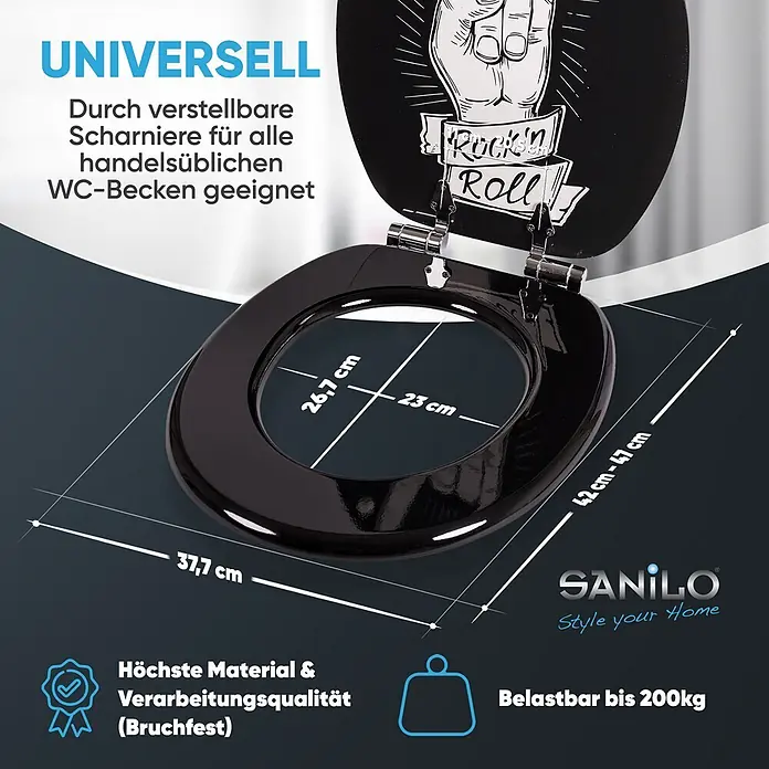 SANILO WC-Sitz Rock 'n' Roll mit Absenkautomatik - MDF, Schwarz, Mit Absenkautomatik - Schwarzer WC-Sitz mit Rock'n'Roll-Design, verstellbaren Scharnieren und Maßen (23x26.7cm innen, 37.7x42-47cm außen), bis 200kg belastbar.