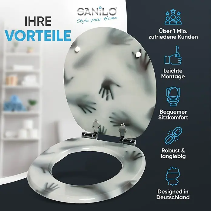 SANILO WC-Sitz Shadow Hands mit Absenkautomatik - MDF, Grau, Mit Absenkautomatik - Weißer Toilettensitz mit durchsichtigem Deckel und geisterhaftem Handmotiv.