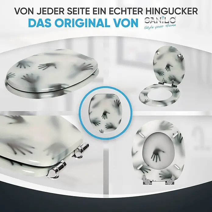 SANILO WC-Sitz Shadow Hands mit Absenkautomatik - MDF, Grau, Mit Absenkautomatik - Weiß-transparenter Toilettensitz mit dunklen, schattenhaften Handabdrücken und Chromscharnieren.