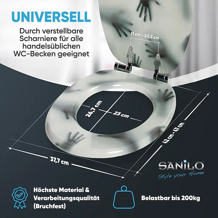 SANILO WC-Sitz Shadow Hands mit Absenkautomatik - MDF, Grau, Mit Absenkautomatik - Transparenter WC-Sitz mit Handmotiv. Universal passend durch verstellbare Scharniere, bruchfest, belastbar bis 200kg.
