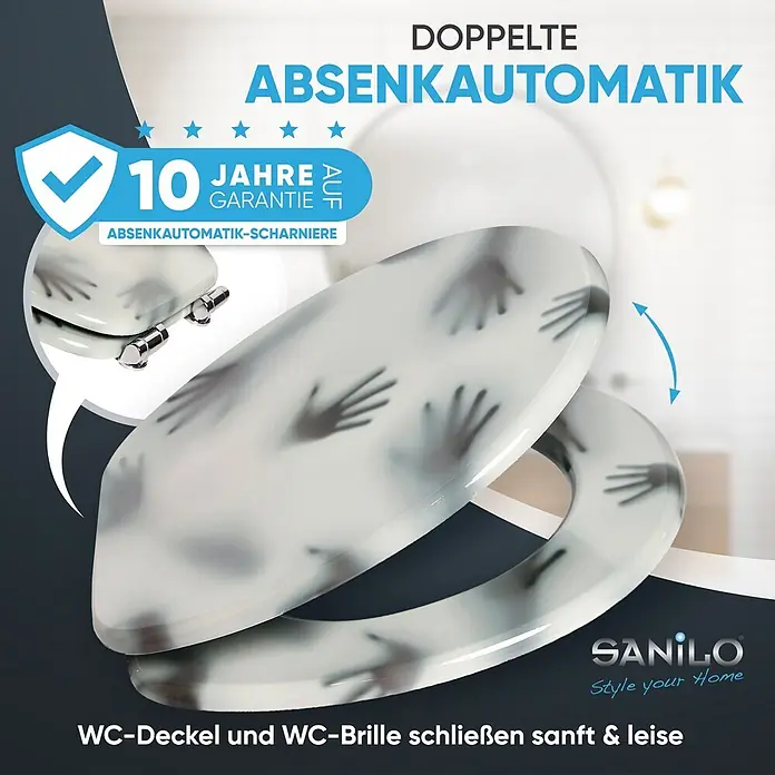 SANILO WC-Sitz Shadow Hands mit Absenkautomatik - MDF, Grau, Mit Absenkautomatik - Weißer WC-Sitz mit doppelter Absenkautomatik und Handabdruck-Design. Deckel & Brille schließen sanft & leise, 10 Jahre Garantie auf Scharniere.