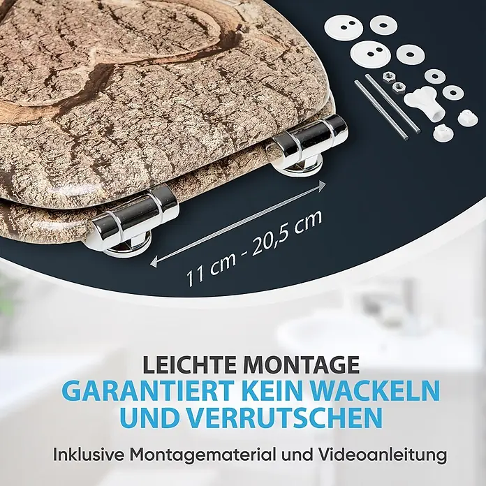 SANILO WC-Sitz True Love mit Absenkautomatik - MDF, Braun, Mit Absenkautomatik - Toilettensitz mit Holzrindenmuster, verchromten Scharnieren und Befestigungsmaterial. Der Lochabstand ist von 11 bis 20,5 cm einstellbar, garantiert wackelfrei.