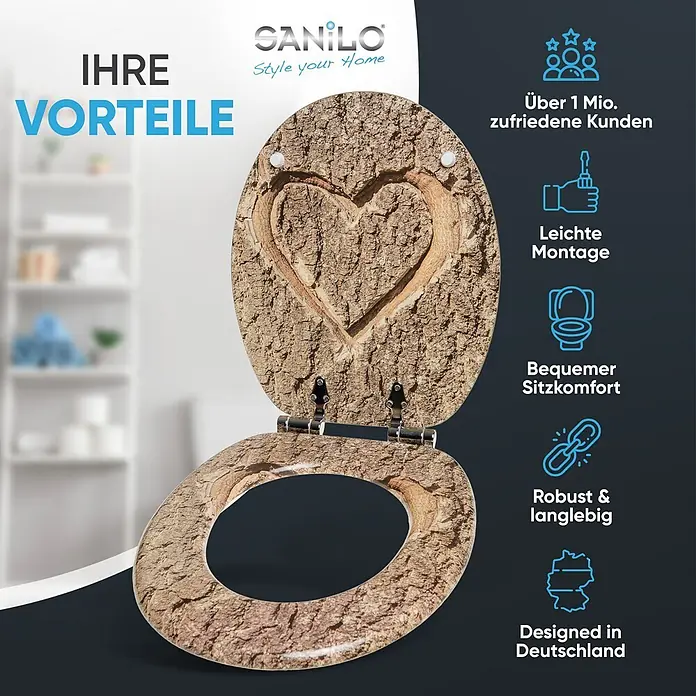 SANILO WC-Sitz True Love mit Absenkautomatik - MDF, Braun, Mit Absenkautomatik - Geöffneter Toilettensitz mit rustikaler Rindenstruktur und einem Herz in den Deckel geschnitzt. Mit natürlichem, dekorativem Design.