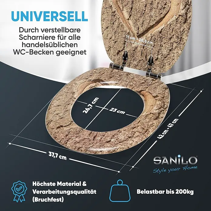 SANILO WC-Sitz True Love mit Absenkautomatik - MDF, Braun, Mit Absenkautomatik - WC-Sitz mit realistischer Rindenstruktur, braun. Universell einsetzbar für alle handelsüblichen WC-Becken.