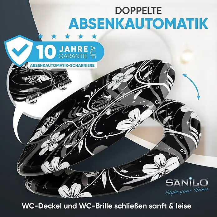 SANILO WC-Sitz White Flower mit Absenkautomatik - MDF, Schwarz, Mit Absenkautomatik - Schwarzer WC-Sitz mit weißem Blumenmuster, doppelter Absenkautomatik für Deckel und Brille, und 10 Jahren Garantie.