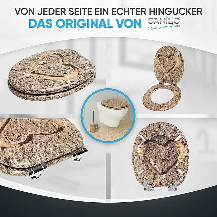 SANILO WC-Sitz True Love mit Absenkautomatik - MDF, Braun, Mit Absenkautomatik - Sanilo WC-Sitz mit Baumrinden-Textur und geschnitztem Herz, geschlossen, geöffnet und installiert gezeigt.