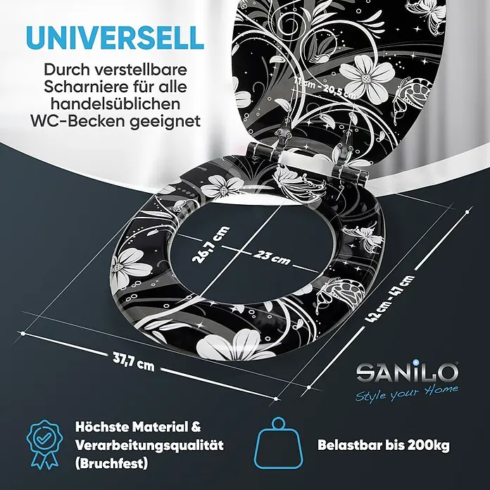 SANILO WC-Sitz White Flower mit Absenkautomatik - MDF, Schwarz, Mit Absenkautomatik - Schwarzer Toilettensitz mit weißem Blumen- und Schmetterlingsmuster. Verfügt über verstellbare Scharniere für universelle Passform, mit Maßen angegeben.