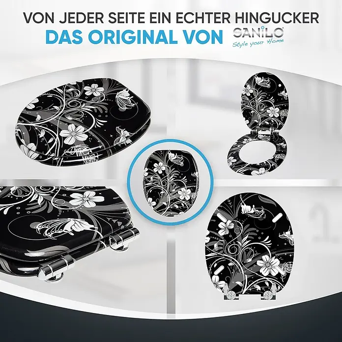 SANILO WC-Sitz White Flower mit Absenkautomatik - MDF, Schwarz, Mit Absenkautomatik - Schwarzer Toilettensitz mit aufwendigen weißen und grauen Blumen- und Schmetterlingsmustern, aus verschiedenen Blickwinkeln gezeigt.