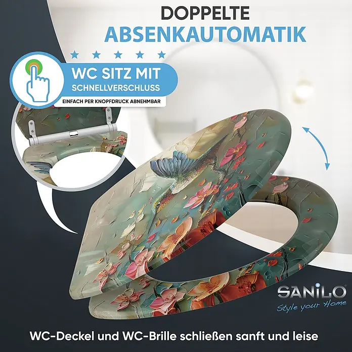 SANILO WC-Sitz Petalo mit Schnellverschluss - MDF, Grün|Altrosa|Blau, Mit Absenkautomatik - Farbenfroher WC-Sitz mit Kolibri- und Blumenmotiv. Verfügt über doppelte Absenkautomatik und Schnellverschluss zum einfachen Abnehmen per Knopfdruck.